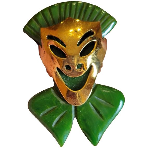 Art Deco Carved Clown Jester Bakelite Dress Clip (A6) - Picture 1 of 5